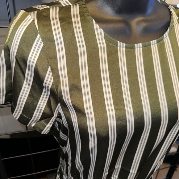 Olive/White Elastic Waist Band Pin Striped Jumpsuit - Picture 7 of 8